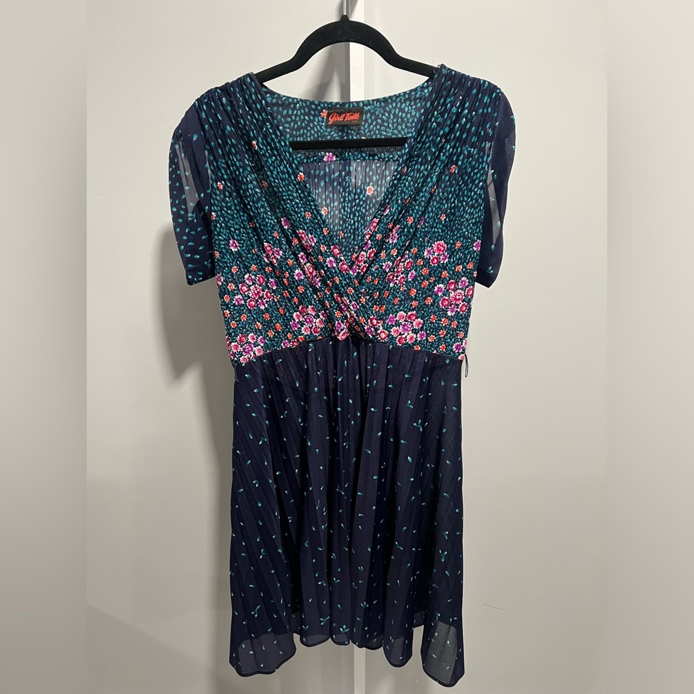 Girl Talk LTD Blue Green Pink Floral V-Neck Pleated Sheer Midi Dress Size L/XL